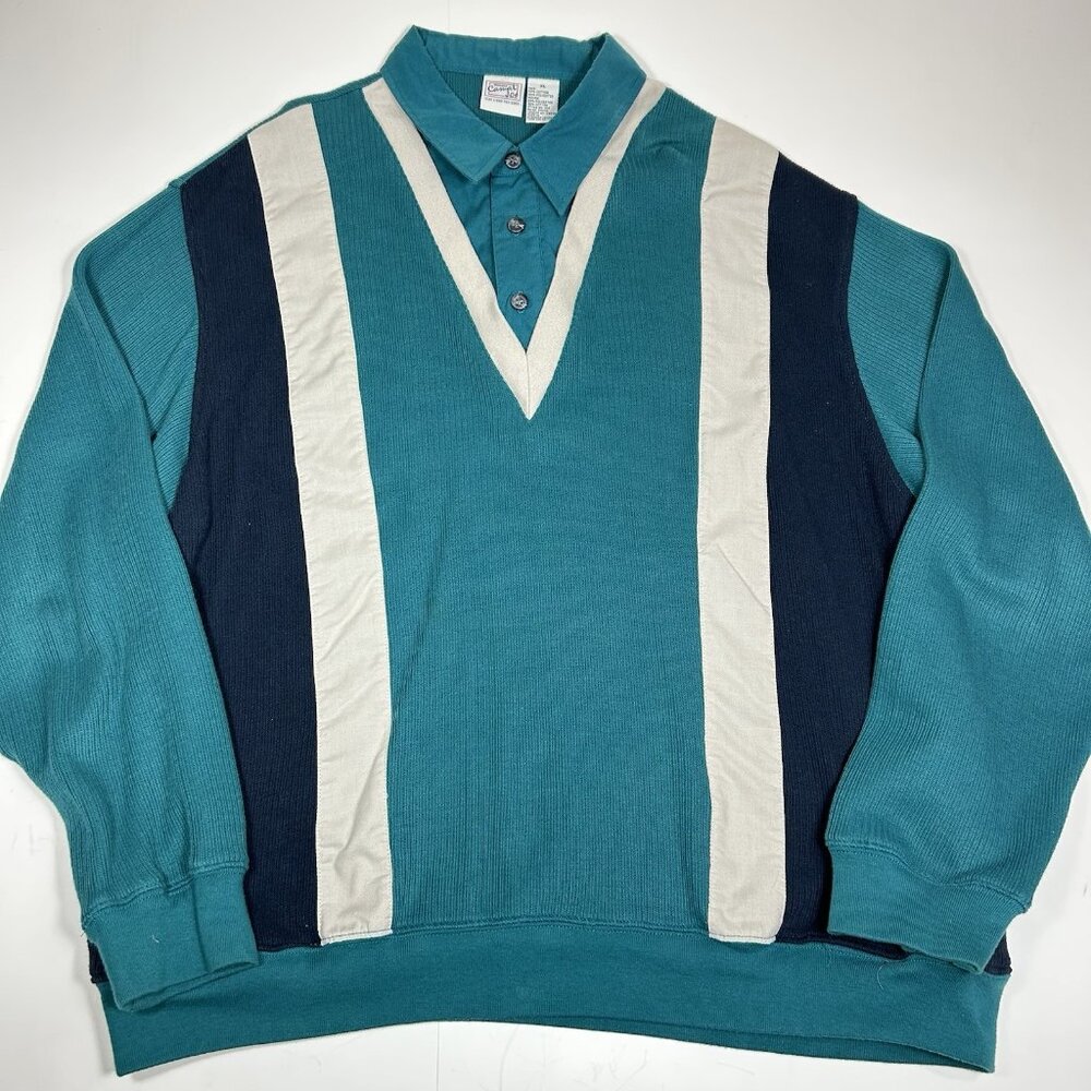Vtg Haband Casual Joe Men Faux shirt PullOver Knit Sweater Block Stripe Sz XL